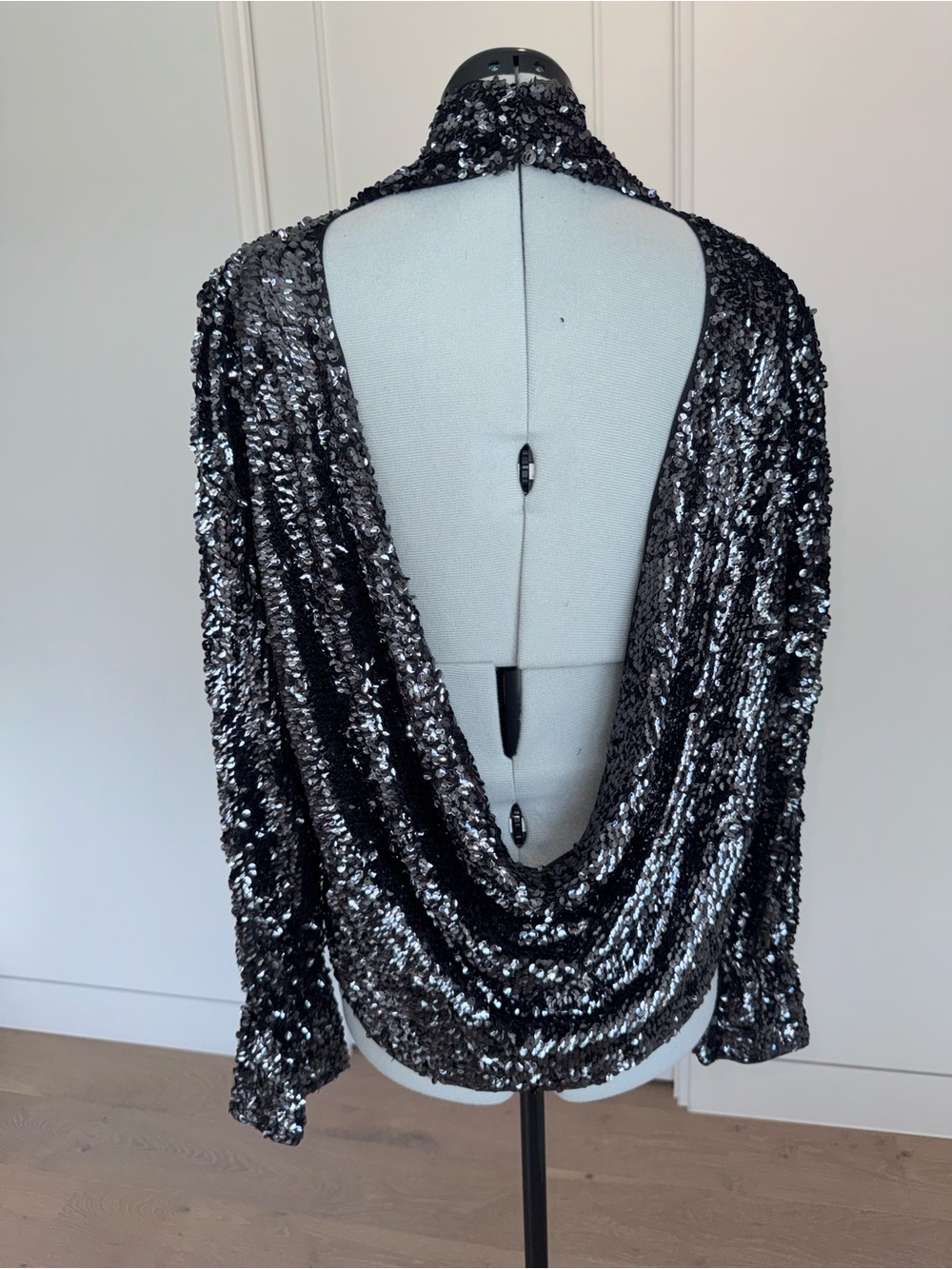 Free People Black Sequin Drape Back Top